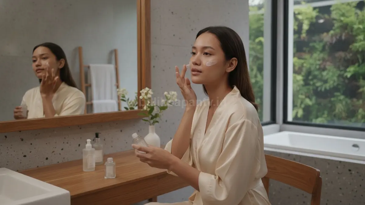 Proses persiapan kulit menggunakan pelembap sebelum makeup agar hasil riasan tidak mudah pecah.
