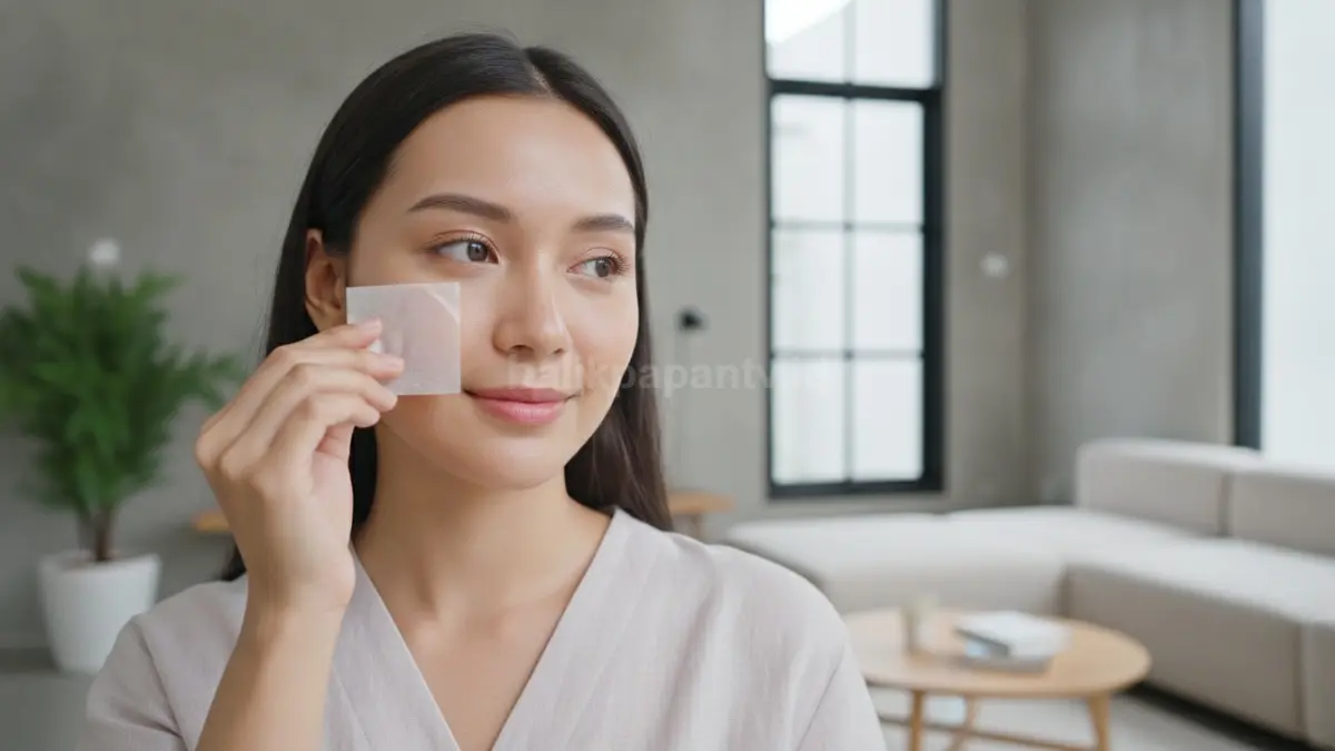 Proses touch-up ringan menggunakan kertas penyerap minyak agar wajah tetap segar.

