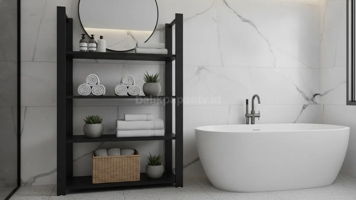 Rak besi industrial modern tampil kokoh dengan desain terbuka yang memberikan kesan stylish dan fungsional pada kamar mandi. (BTV/Ai)
