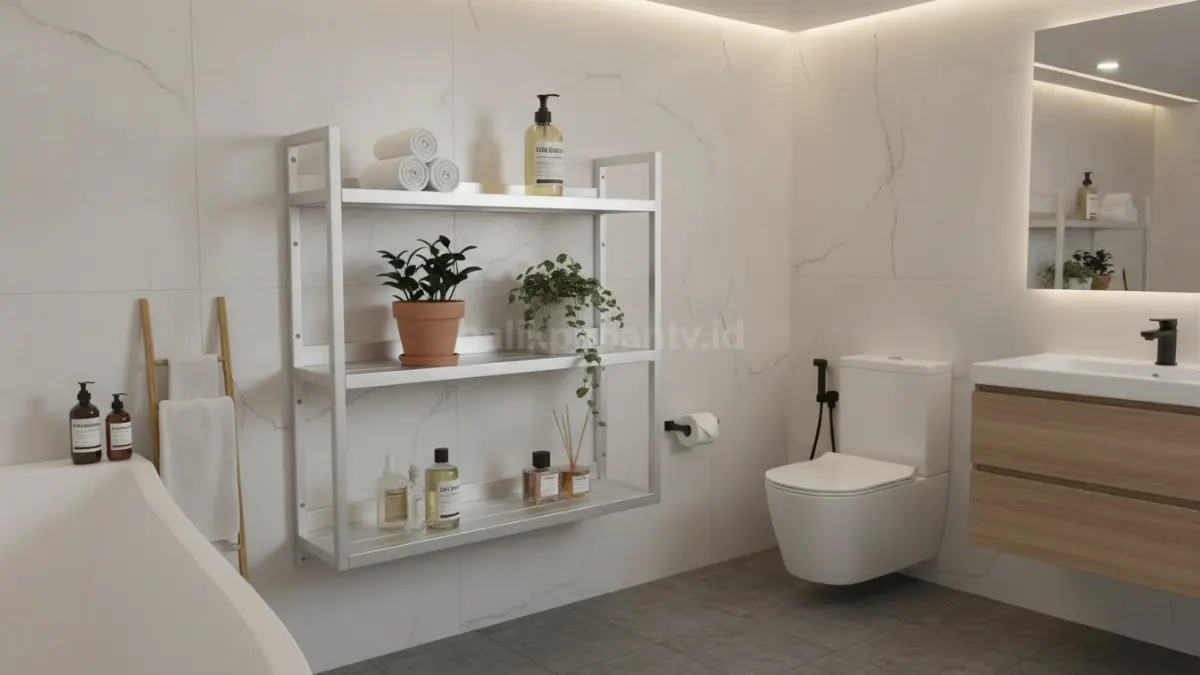 Rak dinding melayang berbahan aluminium antikarat yang praktis dan hemat ruang, cocok untuk menyimpan handuk, sabun, dan dekorasi kecil di kamar mandi modern. (BTV/Ai)
