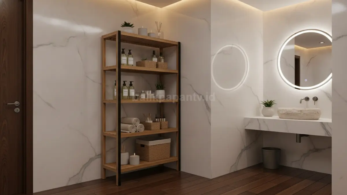 Rak kamar mandi stylish dengan desain modern yang memaksimalkan penyimpanan dan tampilan ruang. (BTV/Ai)