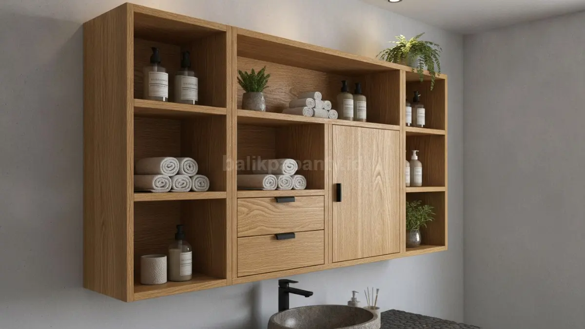 Rak kombinasi kayu tahan lembap menghadirkan nuansa hangat dan alami sekaligus tetap awet untuk penggunaan di kamar mandi. (BTV/Ai)

