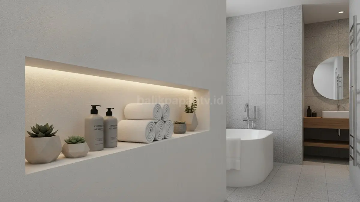 Rak niche tanam menyatu dengan dinding, menghadirkan tampilan rapi, elegan, dan lebih aman digunakan di kamar mandi. (BTV/Ai)
