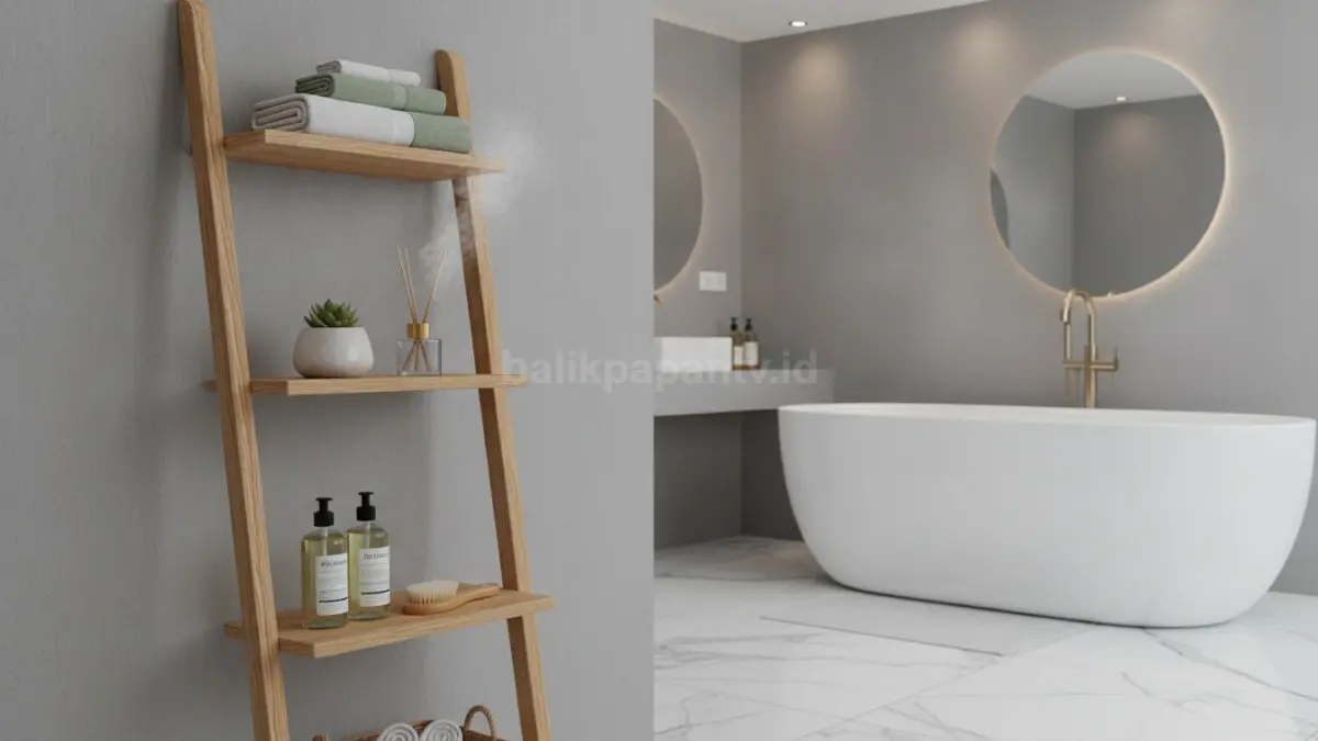 Rak tangga dekoratif menjadi solusi penyimpanan handuk yang praktis sekaligus mempercantik tampilan kamar mandi. (BTV/Ai)
