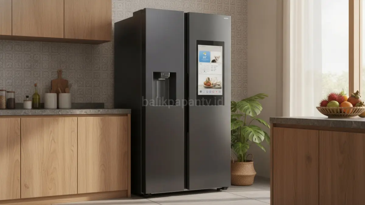Samsung Bespoke AI RS90 menghadirkan kulkas pintar berkapasitas besar dengan fitur AI, efisiensi energi, dan teknologi modern untuk mendukung kebutuhan rumah tangga masa kini.(BTV/AI) 