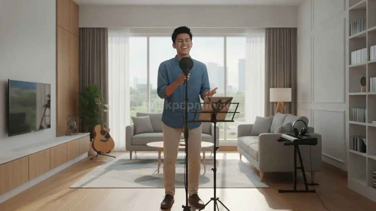Seseorang sedang bernyanyi dengan penuh percaya diri sambil menikmati proses mengembangkan hobi nyanyi.

