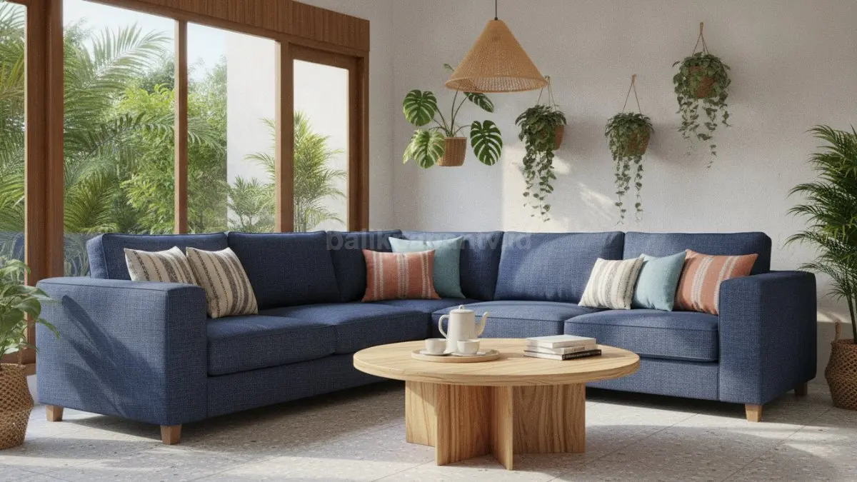 Sofa biru indigo berpadu kayu terang, menciptakan ruang keluarga tropis nyaman, santai, fungsional, harmonis modern (BTV/AI)