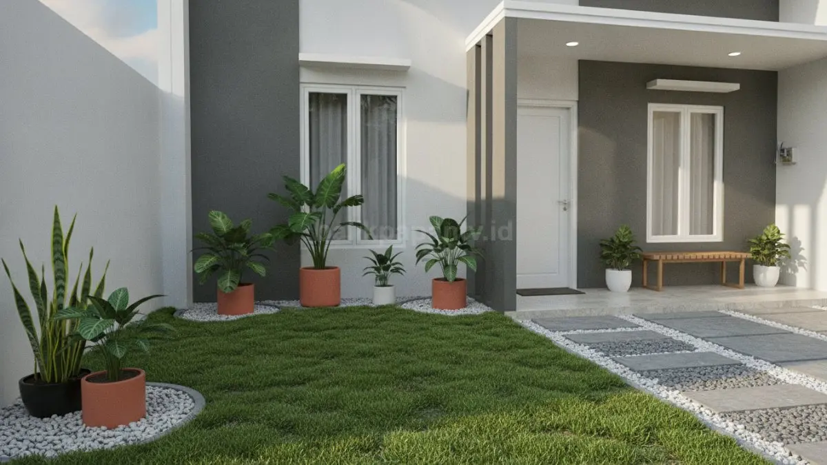 Taman depan minimalis dengan tanaman mudah dirawat membuat fasad rumah tampak segar dan menarik. (BTV/AI)
