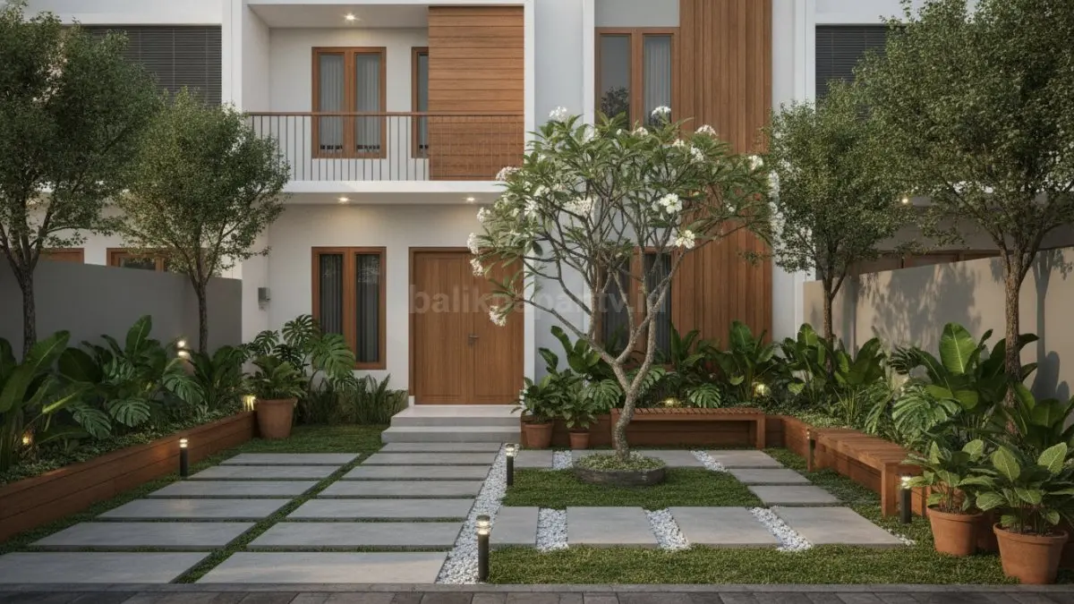 Taman depan rumah sederhana dengan kombinasi rumput hijau, batu koral, dan tanaman hias modern. (BTV/Ai)