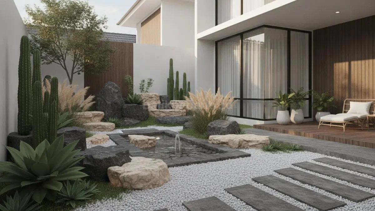 Taman kering modern menghadirkan tampilan rapi dan estetik dengan perawatan yang lebih mudah. (BTV/Ai)
