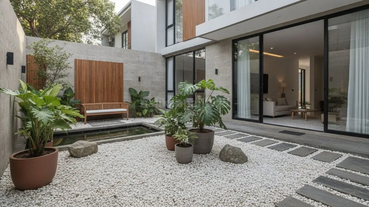 Taman minimalis dengan batu koral menghadirkan tampilan bersih, rapi, dan mudah dirawat untuk halaman rumah. (BTV/Ai)
