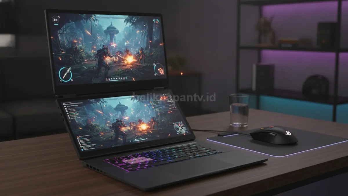 Tampilan ASUS ROG Zephyrus Duo GX651A saat menjalankan game AAA dengan pengaturan grafis tertinggi. (BTV/Ai)
