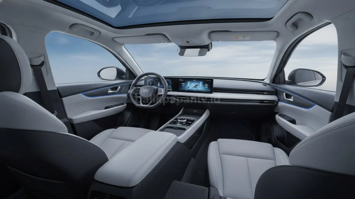 Tampilan kabin Jaecoo J5 EV dengan panoramic roof besar dan ruang penumpang yang lega. (BTV/Ai)