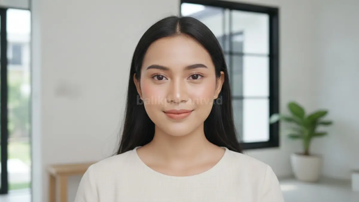 Tampilan makeup base tipis tapi ngecover dengan hasil wajah natural dan rapi untuk aktivitas sehari-hari.

