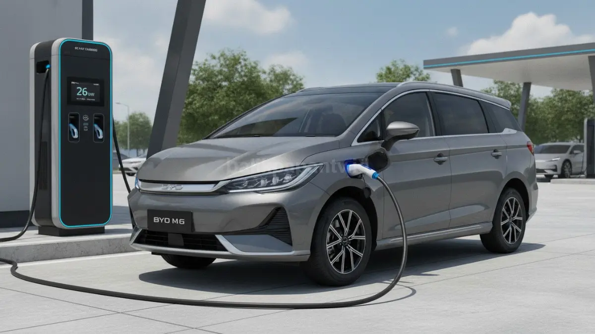 Tampilan pengisian daya BYD M6 DM-i yang sudah mendukung DC Fast Charging hingga 26 kW. (BTV/Ai)