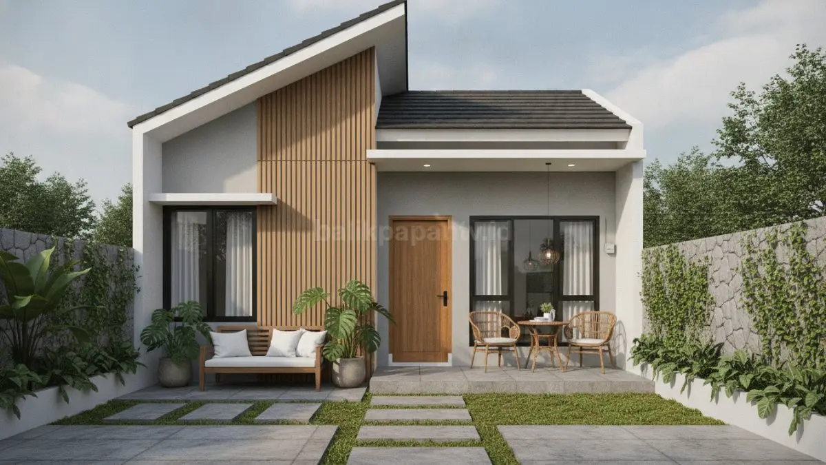 Tampilan rumah subsidi minimalis modern dengan kanopi sederhana, taman kecil, dan fasad warna netral. (BTV/Ai)