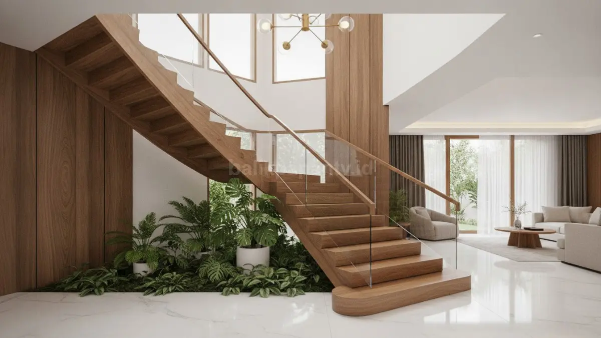 Tangga kayu solid menghadirkan nuansa hangat, elegan, dan berkarakter pada interior rumah. (BTV/Ai)
