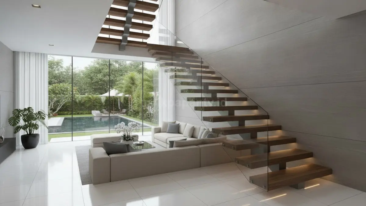 Tangga melayang dengan struktur tersembunyi menghadirkan tampilan modern, elegan, dan membuat ruangan terasa lebih luas. (BTV/Ai)
