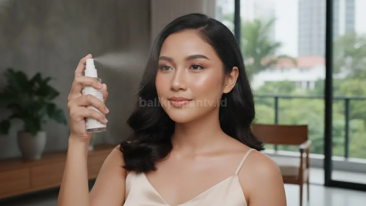 Teknik penggunaan setting spray untuk menjaga makeup tetap menyatu dengan kulit.

