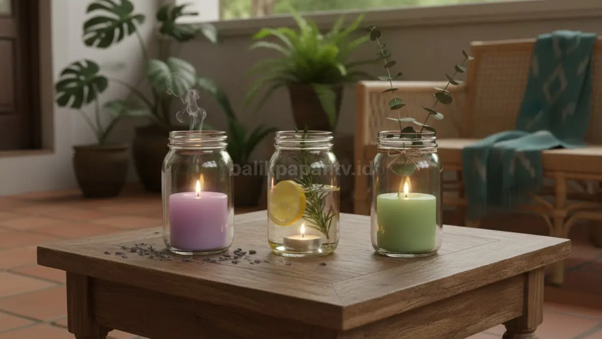 Tempat lilin aromaterapi mason jar menghadirkan suasana rileks dengan aroma lavender, lemon, eucalyptus di rumah.  (BTV/AI)