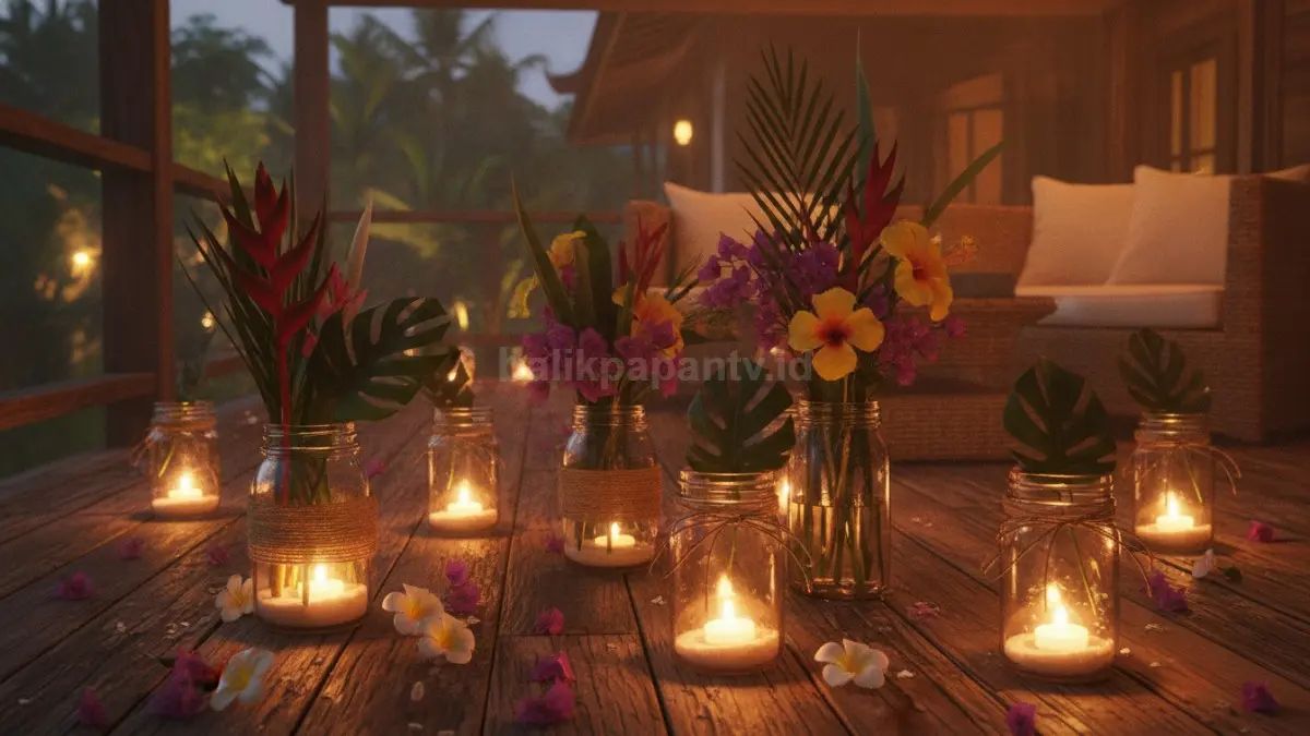 Tempat lilin mason jar di teras rumah menciptakan suasana hangat dan dekoratif saat malam hari.  (BTV/AI)