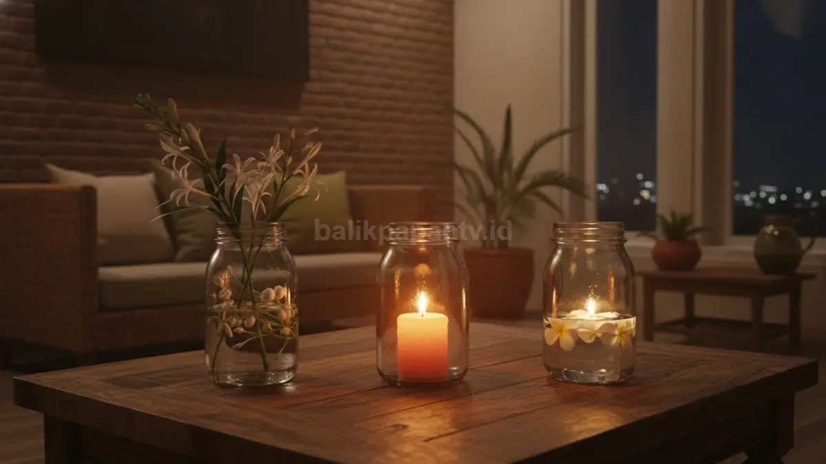 Tempat lilin mason jar menciptakan suasana relaksasi hangat dengan pantulan cahaya lembut di ruangan malam.  (BTV/AI)