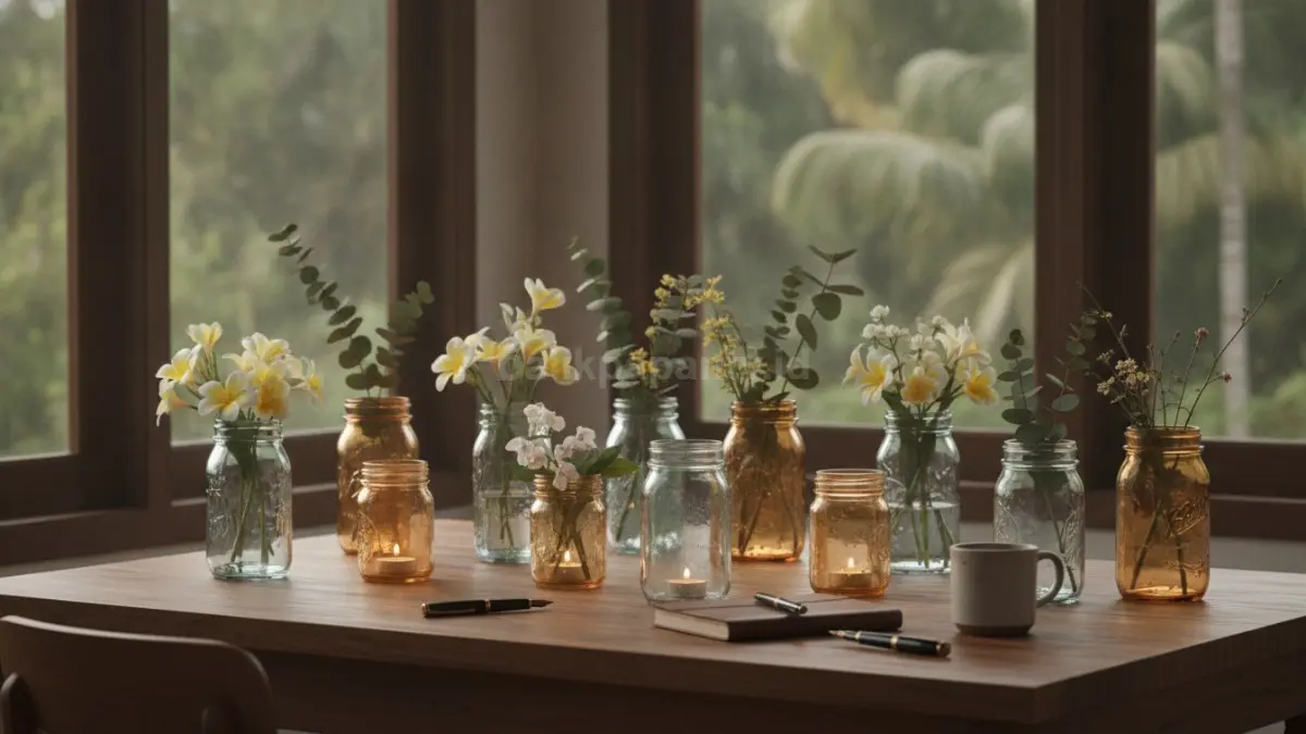 Vas bunga dari mason jar mempercantik meja kerja dengan sentuhan minimalis hangat dan natural.  (BTV/AI)