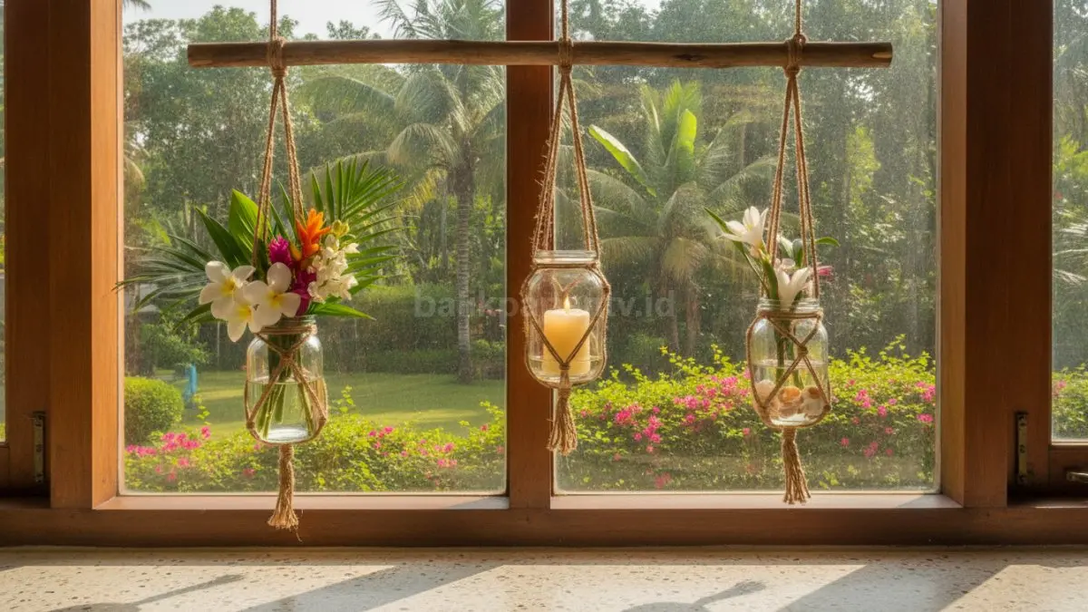 Vas bunga gantung mason jar di dekat jendela menghadirkan dekorasi hemat ruang dan cahaya alami.  (BTV/AI)