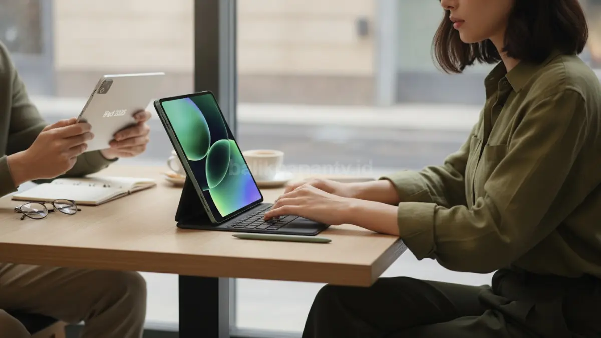 Xiaomi Pad 8 dengan keyboard dan stylus saat digunakan bekerja mobile, menampilkan keunggulan produktivitas dibanding iPad 2025. (BTV/Ai)