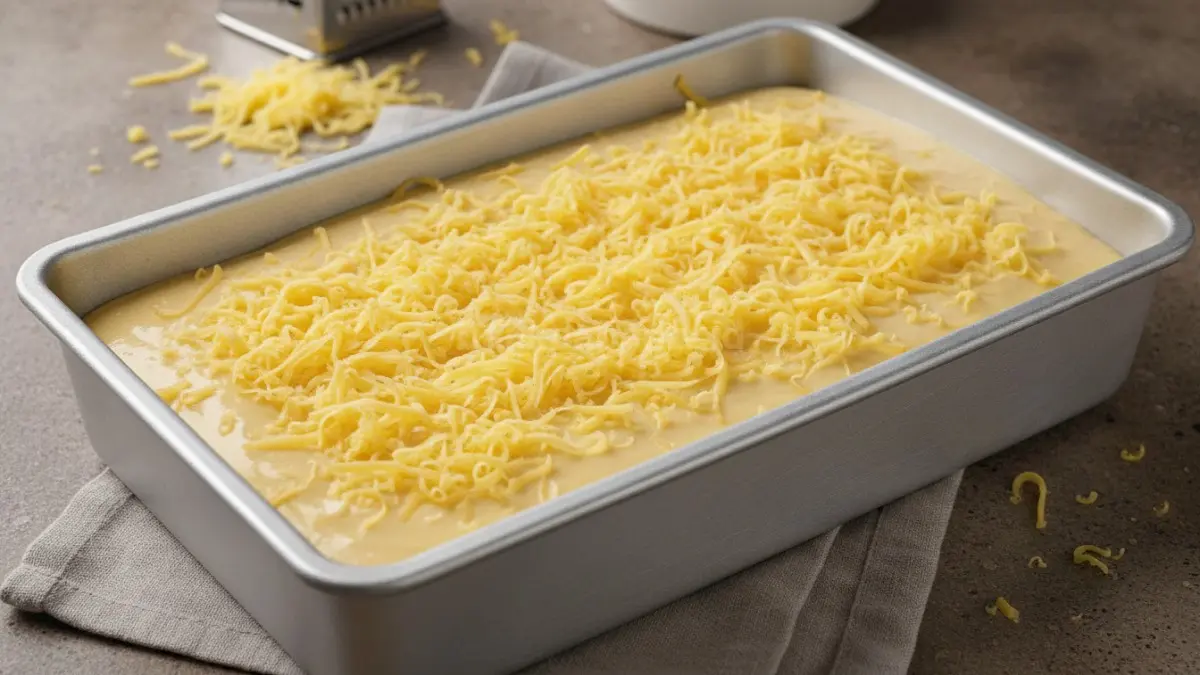 Adonan bolu keju dalam loyang sebelum dipanggang dengan topping keju parut melimpah.
