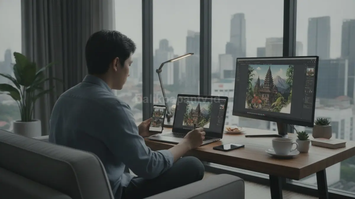 Aktivitas mengedit foto menggunakan laptop dan ponsel untuk menghasilkan karya visual yang menarik.

