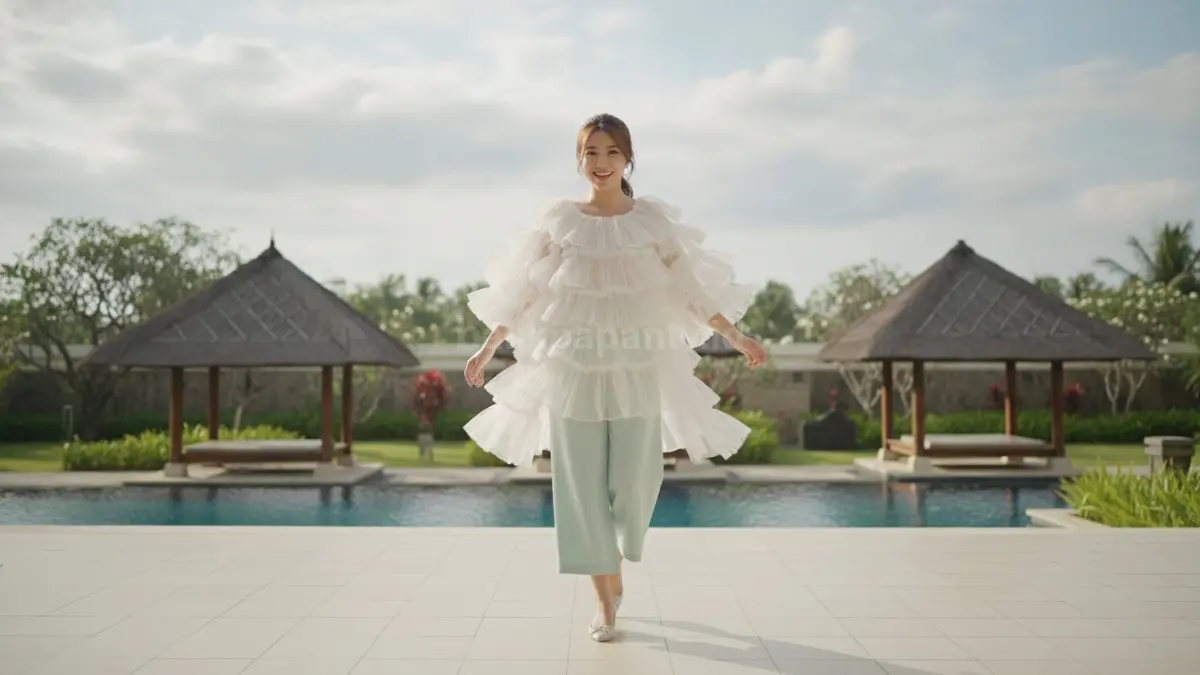 Baju jellyfish bergaya Korea dengan ruffle mengembang, tampil ringan dan menarik untuk aktivitas santai.