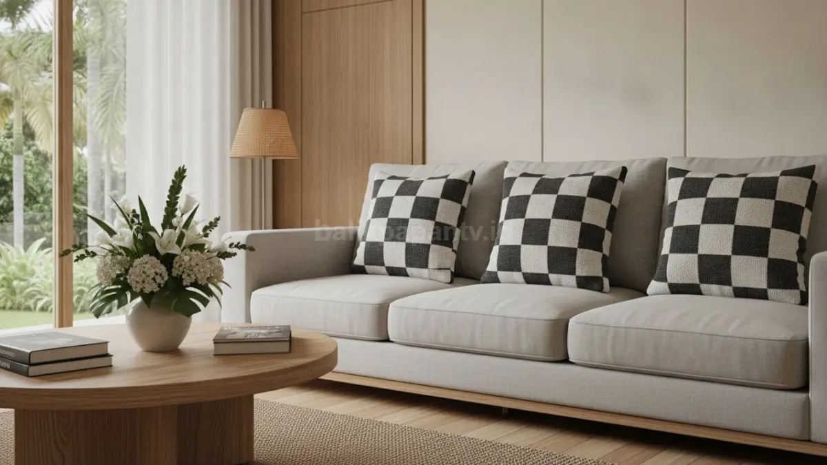 Bantal sofa checkerboard menambah karakter interior, menghadirkan aksen elegan tanpa mengubah dekorasi utama.  (BTV/AI)