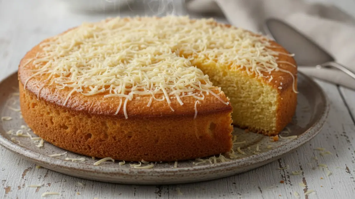 Bolu keju panggang berwarna kuning kecokelatan dengan taburan keju parut di atas permukaannya.