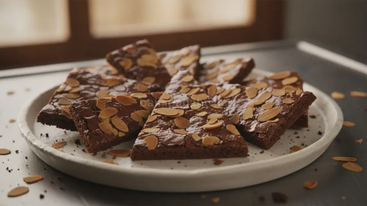 Brownies crispy tipis dengan shiny crust mengilap dan taburan almond yang menggoda selera.