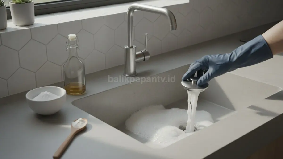 Campuran baking soda dan cuka membantu membersihkan kotoran yang menempel pada pipa secara praktis dan aman. (BTV/AI)
