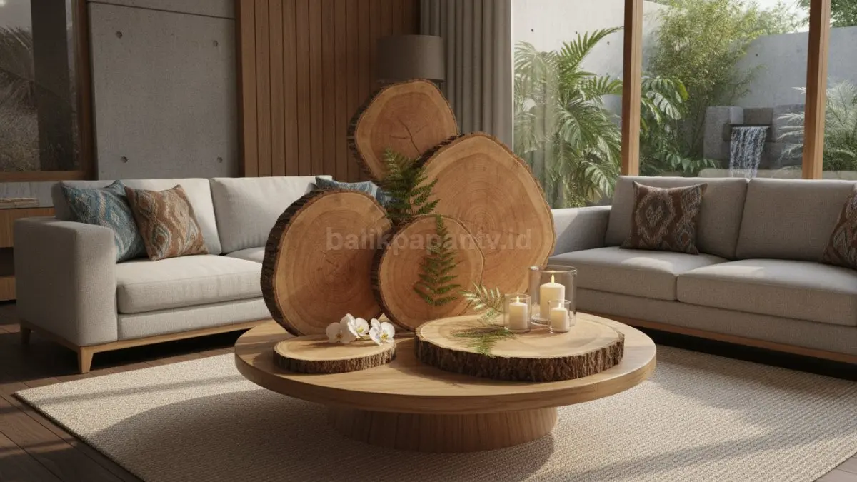 Centerpiece kayu menghadirkan sentuhan natural, menyeimbangkan material modern, serta menghangatkan ruang tamu.  (BTV/AI)