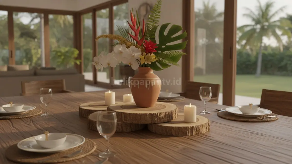 Centerpiece potongan kayu alami dengan vas bunga menciptakan meja yang hangat dan menarik.  (BTV/AI)