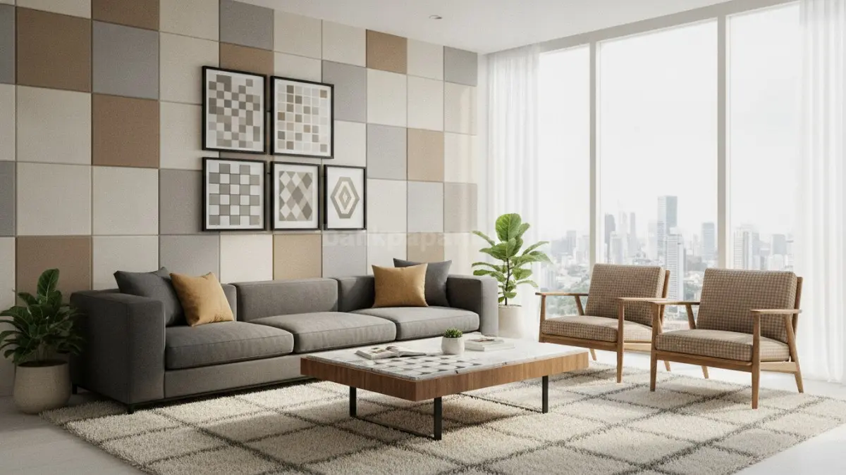 Checkerboard decor modern menghadirkan karakter visual kuat pada ruang keluarga minimalis.  (BTV/AI)