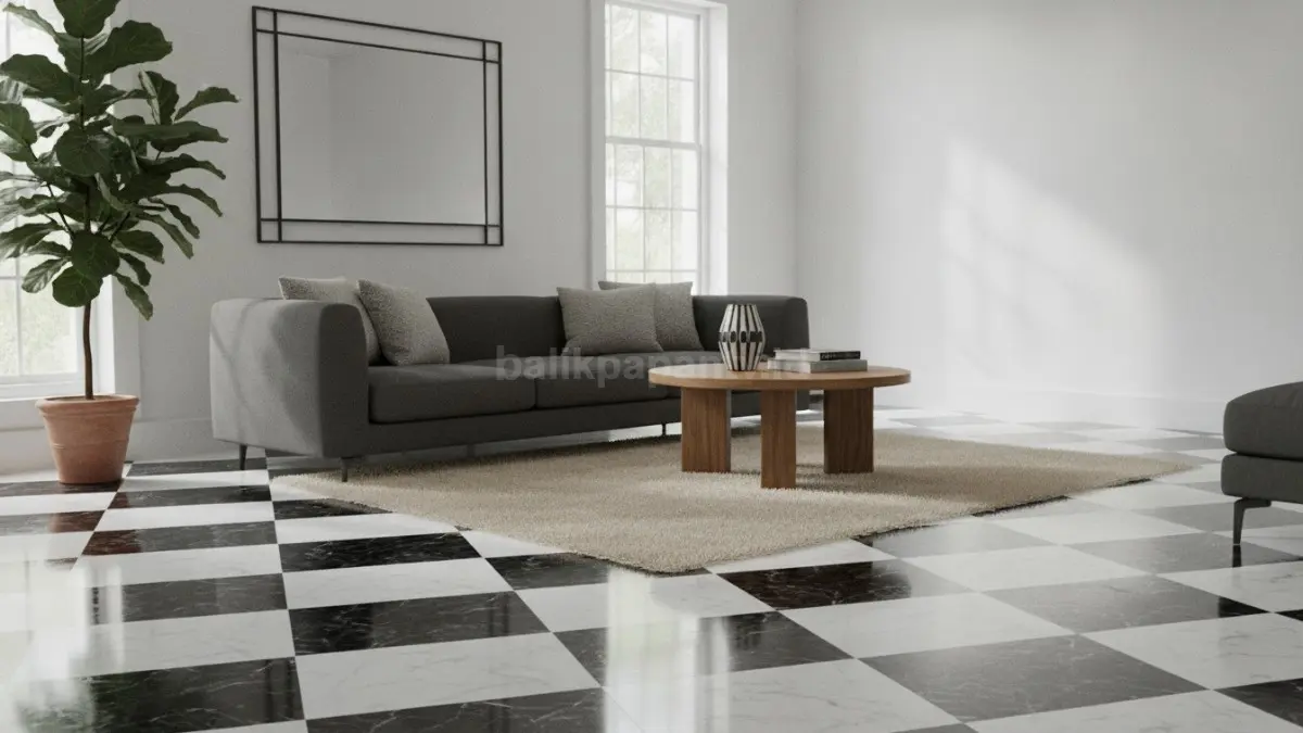 Checkerboard hitam putih menghadirkan tampilan modern klasik, mudah dipadukan dengan berbagai material interior.  (BTV/AI)