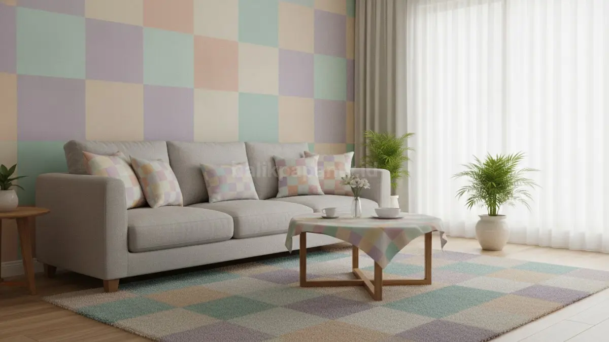Checkerboard warna pastel menghadirkan suasana lembut, nyaman, dan ramah untuk ruang keluarga santai.  (BTV/AI)