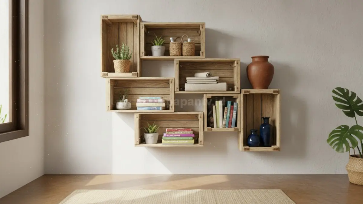 Convert wooden crates into storage shelves.    (BTV/AI)