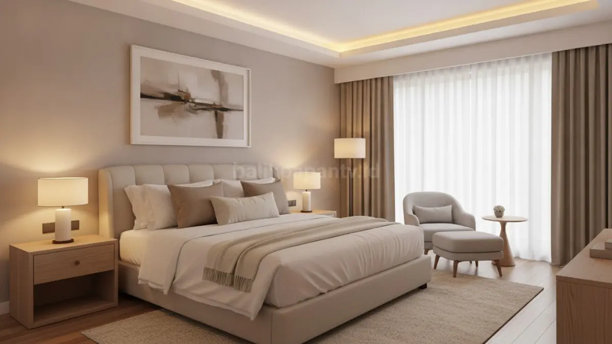 Dekorasi kamar hotel style dengan warna netral dan pencahayaan hangat menciptakan suasana nyaman (BTV/Ai)