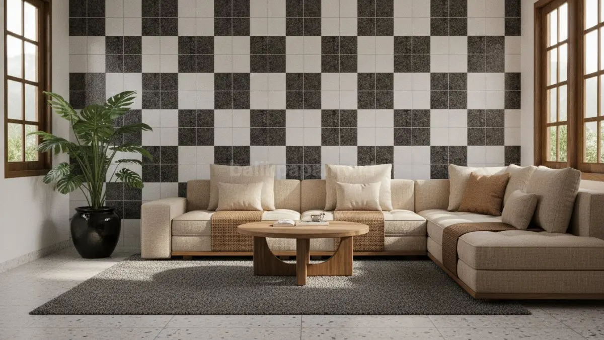 Dinding aksen checkerboard menciptakan fokus visual kuat, mempertegas karakter ruang tanpa mendominasi keseluruhan interior.  (BTV/AI)