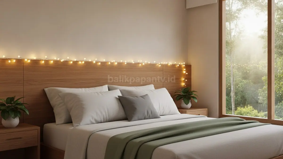 Fairy lights horizontal pada headboard menghadirkan tampilan minimalis, rapi, modern, dan harmonis.  (BTV/AI)
