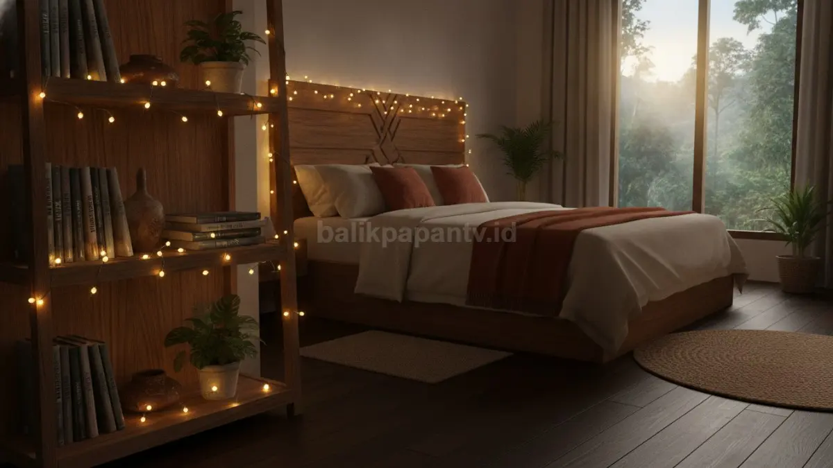 Fairy lights menghiasi rak dan headboard, menciptakan suasana hangat yang nyaman dipandang.   (BTV/AI)
