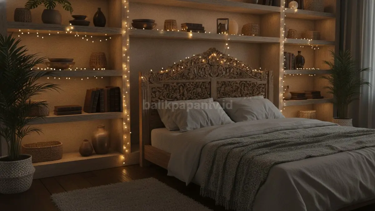Fairy lights menyatu dengan dekorasi rak, mempertegas detail dan menciptakan tampilan hangat alami.  (BTV/AI)