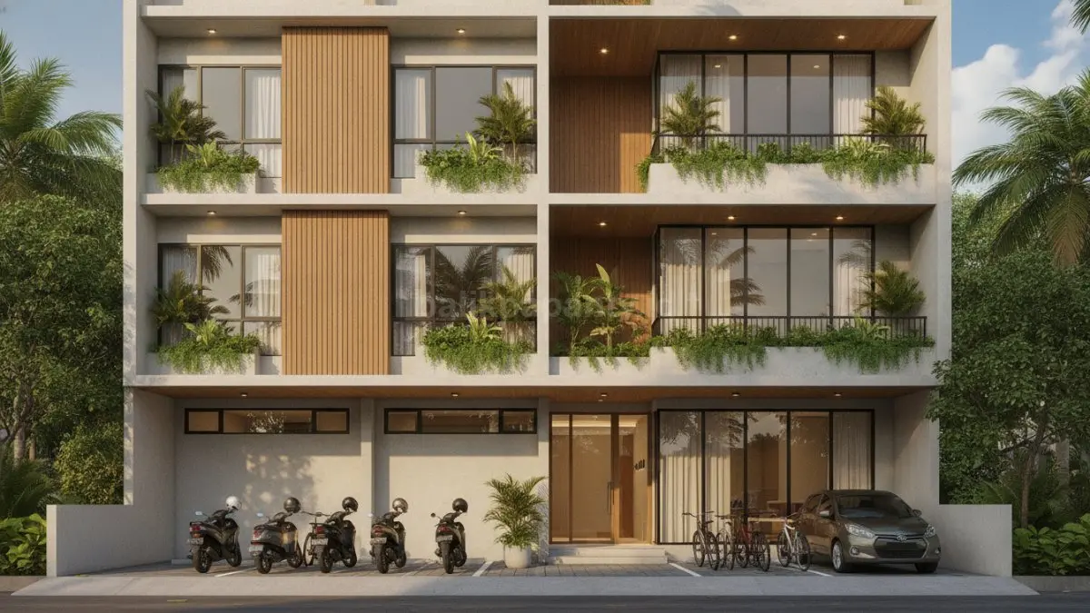 Fasad rumah kost modern dengan desain minimalis, area parkir rapi, dan pencahayaan alami menarik (BTV/Ai)