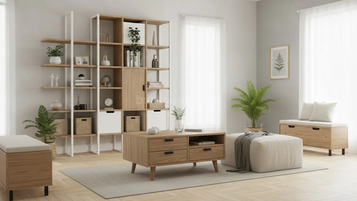 Furnitur multifungsi menghadirkan ruang lebih rapi dengan penyimpanan tersembunyi, ideal untuk rumah minimalis modern. (BTV/Ai)
