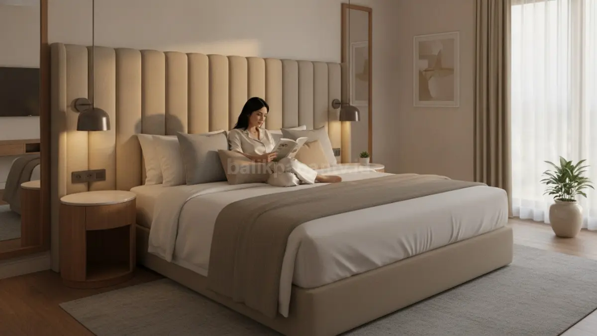 Headboard besar berlapis kain lembut menghadirkan kenyamanan sekaligus memperkuat kesan elegan kamar tidur. (BTV/Ai)

